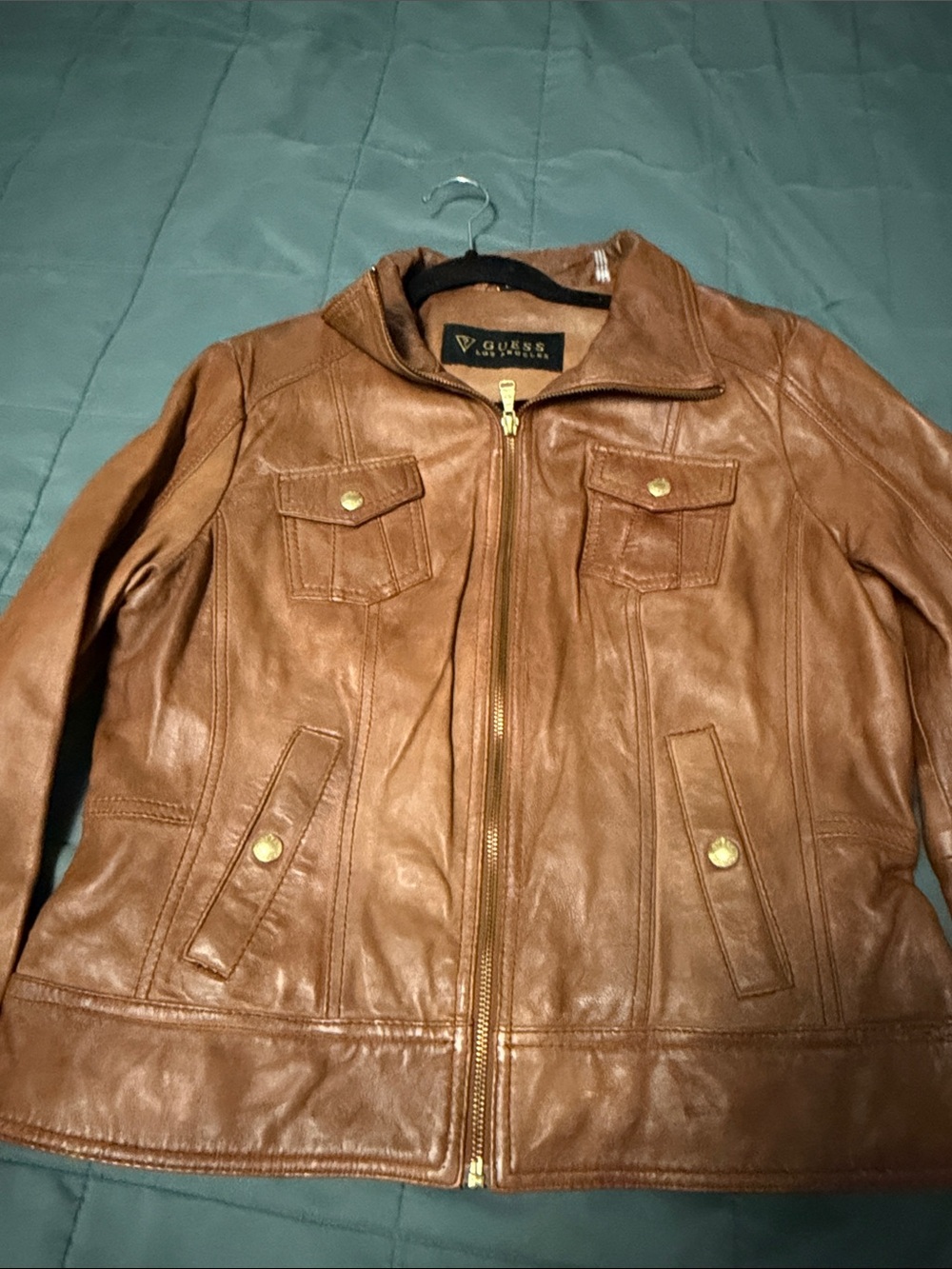 GUESS Cognac Brown Leather Zip Front Jacket